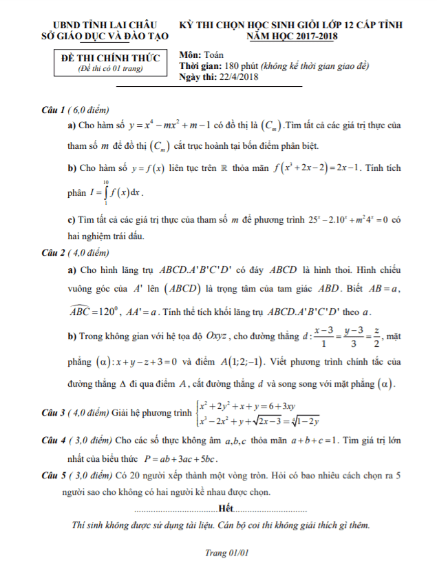 đề thi học sinh giỏi toán 12 cấp tỉnh năm 2017 – 2018 sở gd&đt lai châu