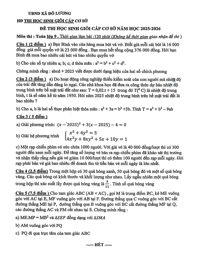 đề thi học sinh giỏi toán 9 năm 2025 – 2026 xã đô lương – nghệ an