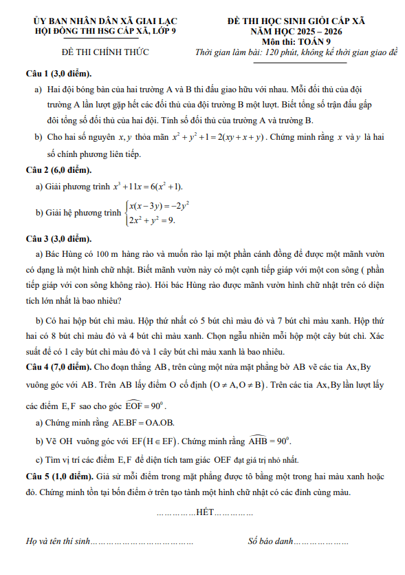 đề thi học sinh giỏi toán 9 năm 2025 – 2026 xã giai lạc – nghệ an