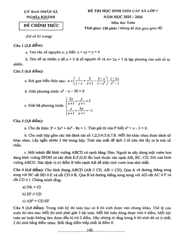 đề thi học sinh giỏi toán 9 năm 2025 – 2026 xã nghĩa khánh – nghệ an