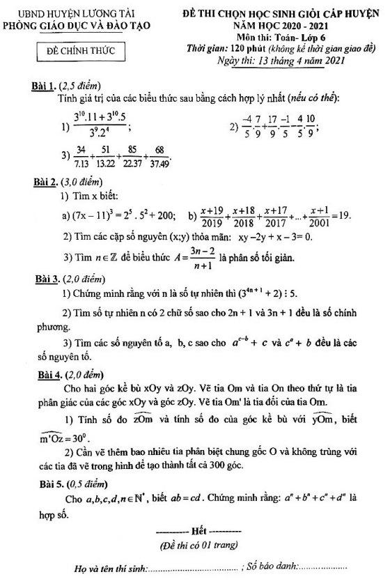 đề thi hsg cấp huyện toán 6 năm 2020 – 2021 phòng gd&đt lương tài – bắc ninh