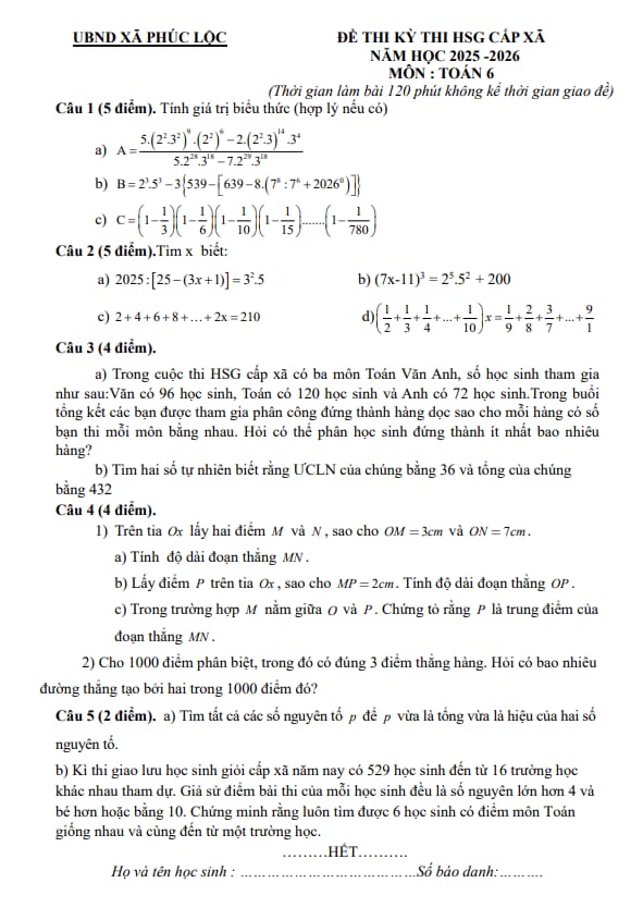 đề thi hsg cấp xã toán 6 năm 2025 – 2026 xã phúc lộc – nghệ an