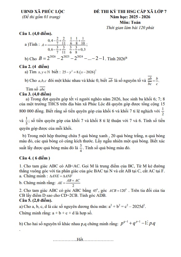 đề thi hsg cấp xã toán 7 năm 2025 – 2026 xã phúc lộc – nghệ an