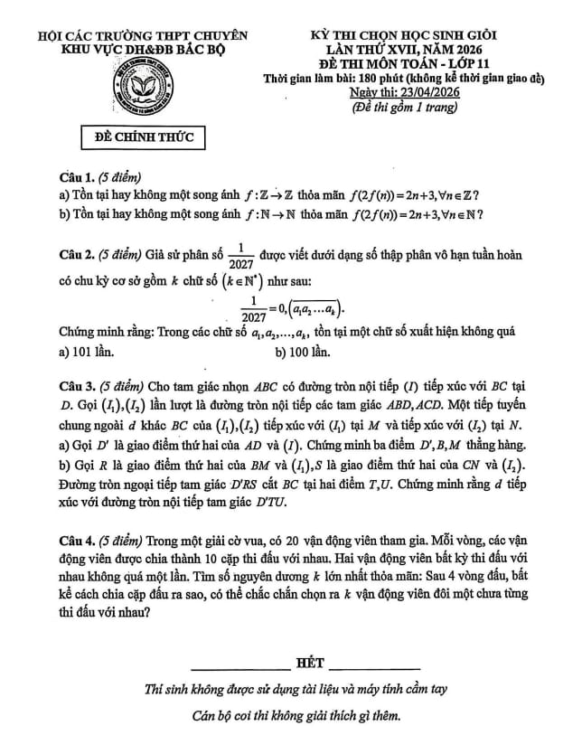 đề thi hsg toán 11 lần 17 năm 2026 hội các trường thpt chuyên dh&đb bắc bộ