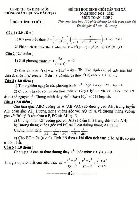 đề thi hsg toán 9 cấp thị xã năm 2021 – 2022 phòng gd&đt kinh môn – hải dương