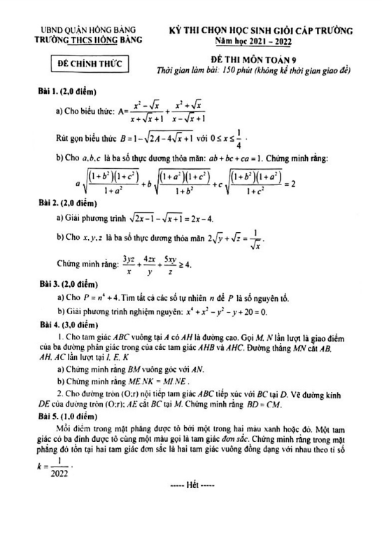 đề thi hsg toán 9 cấp trường năm 2021 – 2022 trường thcs hồng bàng – hải phòng