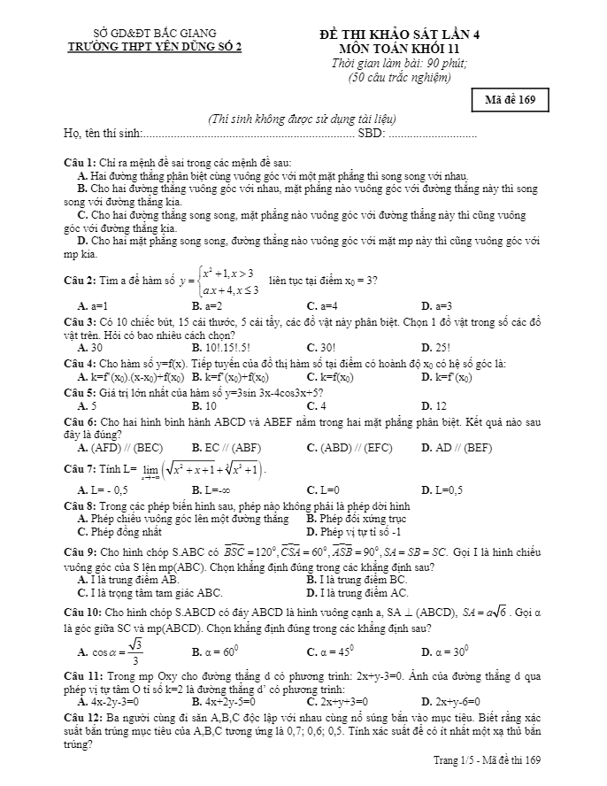 đề thi khảo sát chất lượng toán 11 năm học 2016 – 2017 trường thpt yên dũng 2 – bắc giang lần 4