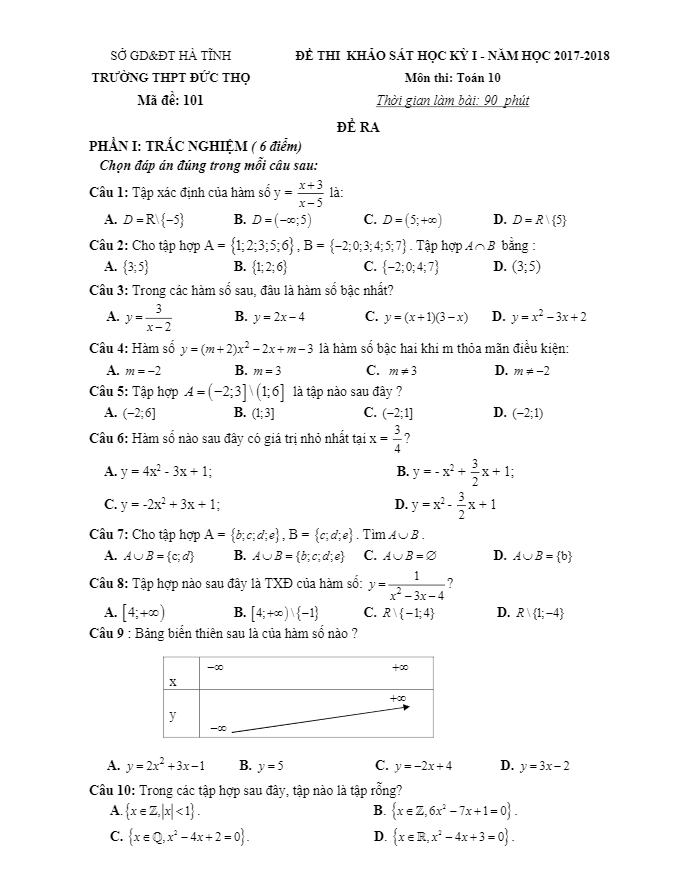 đề thi khảo sát hk1 toán 10 năm học 2017 – 2018 trường thpt đức thọ – hà tĩnh