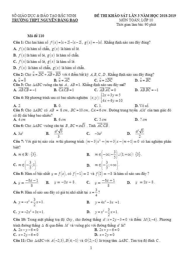 đề thi khảo sát lần 3 toán 10 năm 2018 – 2019 trường nguyễn đăng đạo – bắc ninh