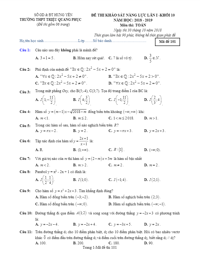 đề thi khảo sát năng lực toán 10 lần 1 năm 2018 – 2019 trường triệu quang phục – hưng yên