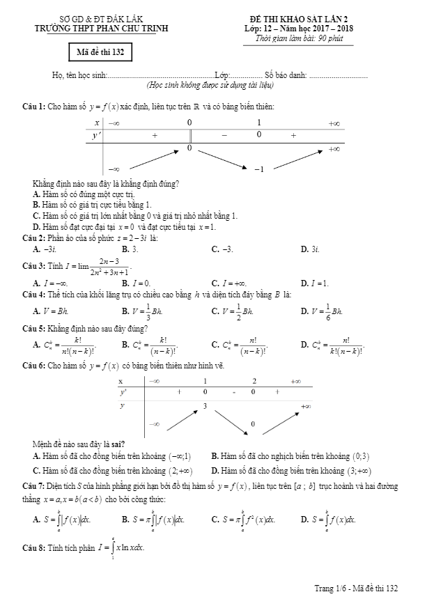 đề thi khảo sát toán 12 lần 2 năm 2017 – 2018 trường phan chu trinh – đăk lăk