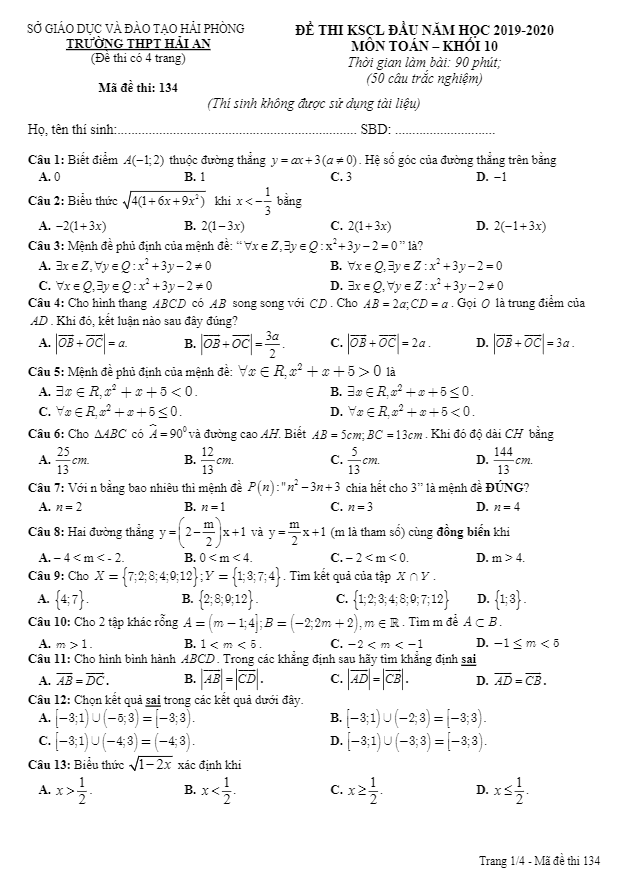đề thi kscl đầu năm toán 10 năm 2019 – 2020 trường hải an – hải phòng