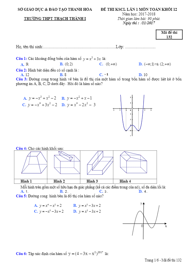 đề thi kscl lần 1 môn toán khối 12 năm học 2017 – 2018 trường thpt thạch thành i – thanh hóa
