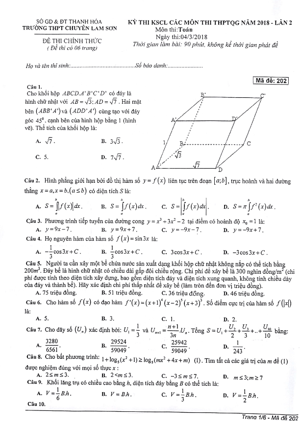 đề thi kscl môn toán thptqg 2018 trường thpt chuyên lam sơn – thanh hóa lần 2