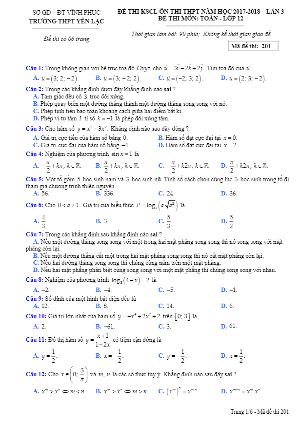 đề thi kscl ôn thi thpt quốc gia 2018 môn toán trường yên lạc – vĩnh phúc lần 3