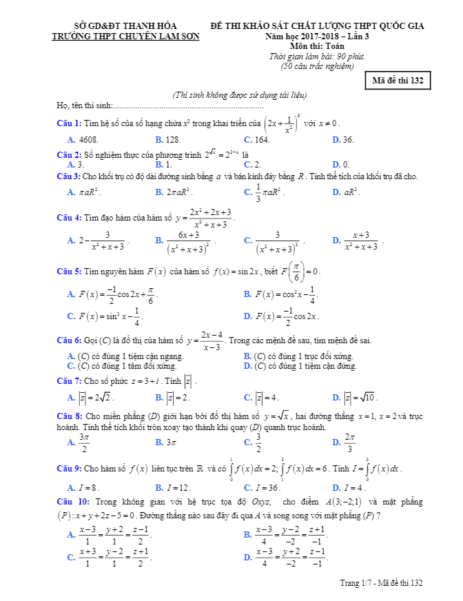 đề thi kscl thpt quốc gia 2018 môn toán trường chuyên lam sơn – thanh hóa lần 3