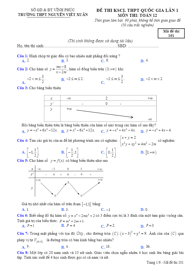 đề thi kscl thpt quốc gia 2019 toán 12 trường nguyễn viết xuân – vĩnh phúc lần 1