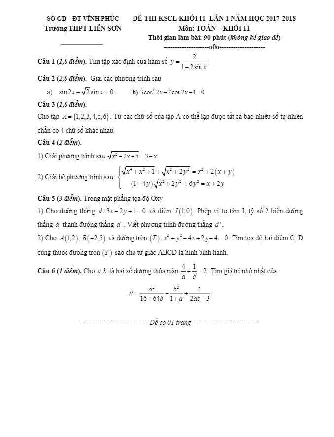đề thi kscl toán 11 lần 1 năm học 2017 – 2018 trường thpt liễn sơn – vĩnh phúc