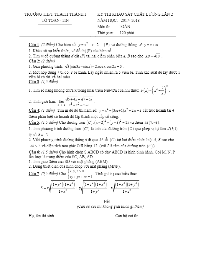 đề thi kscl toán 11 năm 2017 – 2018 trường thạch thành 1 – thanh hóa lần 2