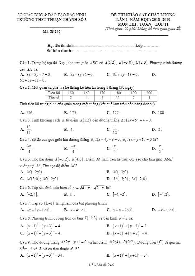 đề thi kscl toán 11 năm 2018 – 2019 trường thuận thành 3 – bắc ninh lần 1