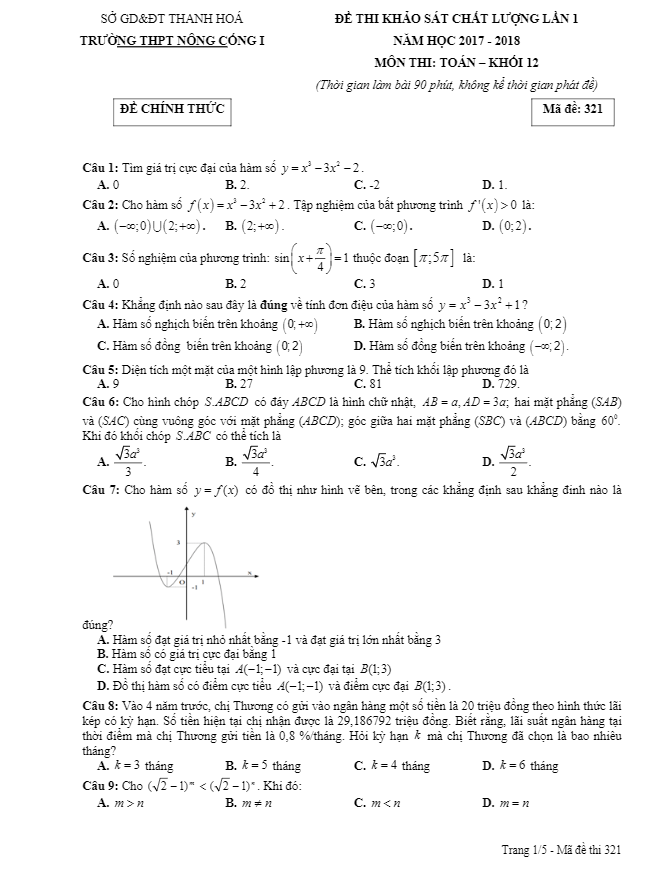đề thi kscl toán 12 lần 1 năm học 2017 – 2018 trường thpt nông cống 1 – thanh hóa
