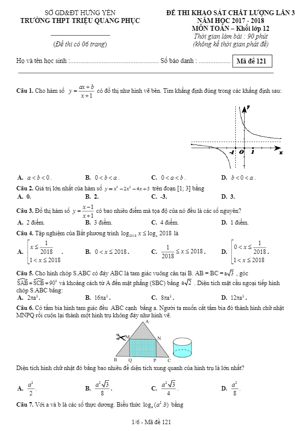 đề thi kscl toán 12 lần 3 năm 2017 – 2018 trường triệu quang phục – hưng yên