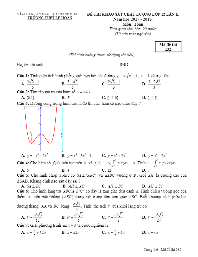 đề thi kscl toán 12 năm 2017 – 2018 trường lê hoàn – thanh hóa lần 2