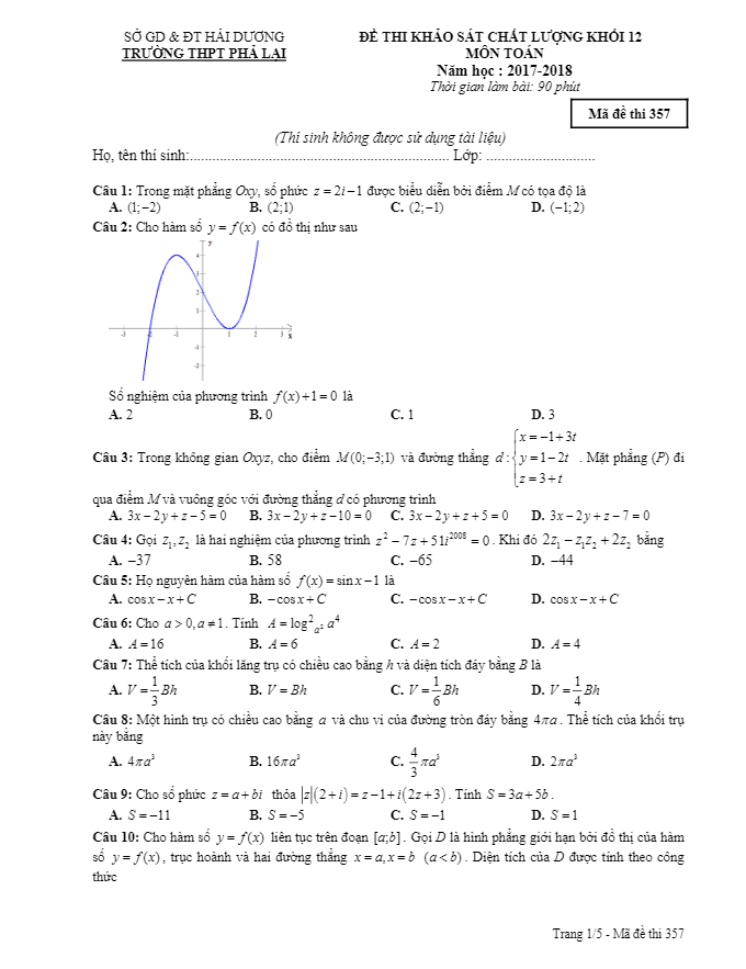 đề thi kscl toán 12 năm 2017 – 2018 trường thpt phả lại – hải dương
