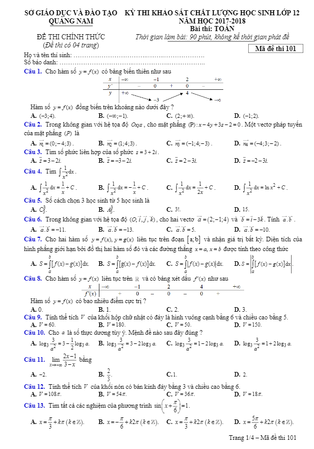 đề thi kscl toán 12 năm học 2017 – 2018 sở gd và đt quảng nam