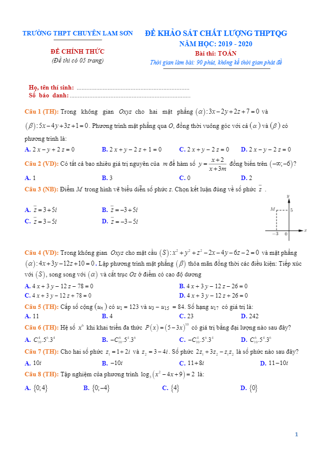 đề thi kscl toán ôn thi thptqg 2019 trường thpt chuyên lam sơn – thanh hóa lần 2