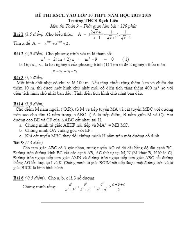 đề thi kscl vào lớp 10 thpt năm 2018 – 2019 trường thcs bạch liêu – nghệ an