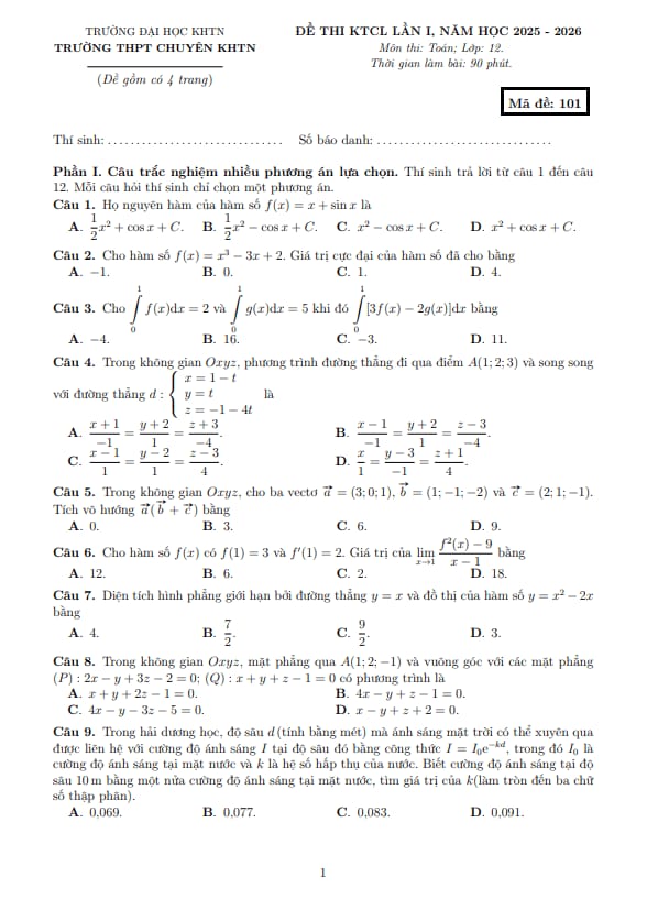 đề thi ktcl toán 12 lần 1 năm 2025 – 2026 trường thpt chuyên khtn – hà nội