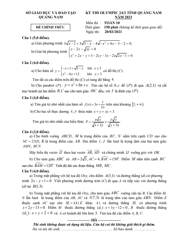 đề thi olympic 24/3 toán 10 năm 2021 sở gd&đt quảng nam