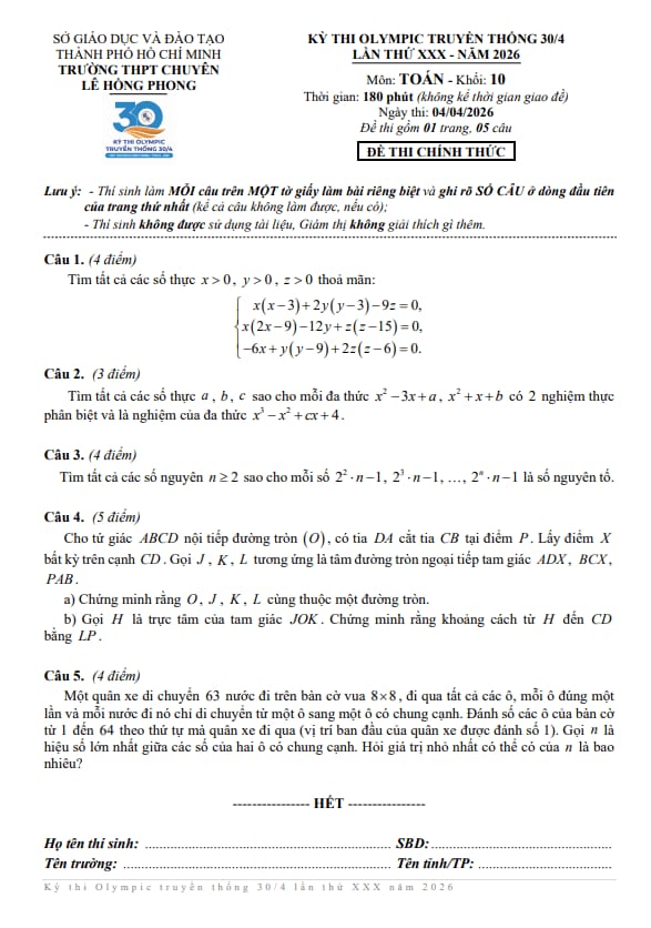 đề thi olympic 30 tháng 04 năm 2026 toán 10 trường chuyên lê hồng phong – tp hcm