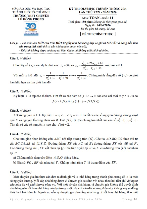 đề thi olympic 30 tháng 04 năm 2026 toán 11 trường chuyên lê hồng phong – tp hcm