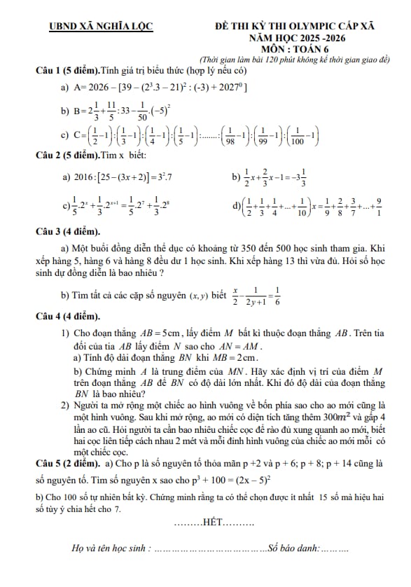 đề thi olympic cấp xã toán 6 năm 2025 – 2026 xã nghĩa lộc – nghệ an