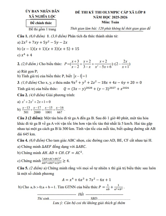 đề thi olympic cấp xã toán 8 năm 2025 – 2026 xã nghĩa lộc – nghệ an