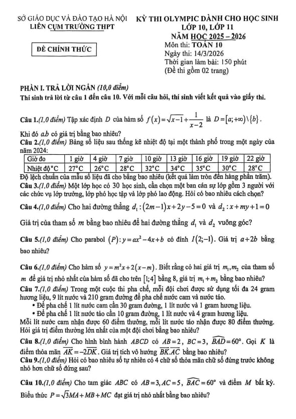 đề thi olympic toán 10 năm 2025 – 2026 liên cụm trường thpt – hà nội