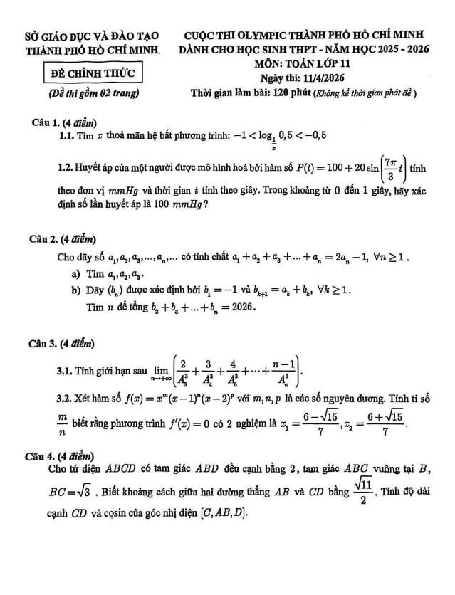 đề thi olympic toán 11 năm 2025 – 2026 sở gd&đt tp hồ chí minh