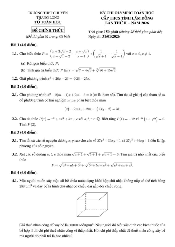 đề thi olympic toán thcs lần 2 năm 2026 trường chuyên thăng long – lâm đồng