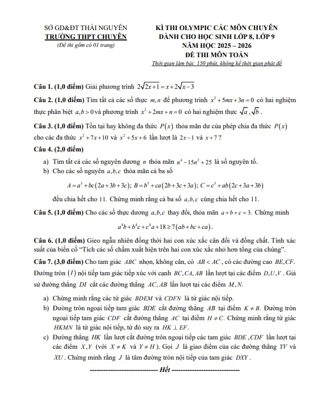 đề thi olympic toán thcs năm 2025 – 2026 trường thpt chuyên thái nguyên