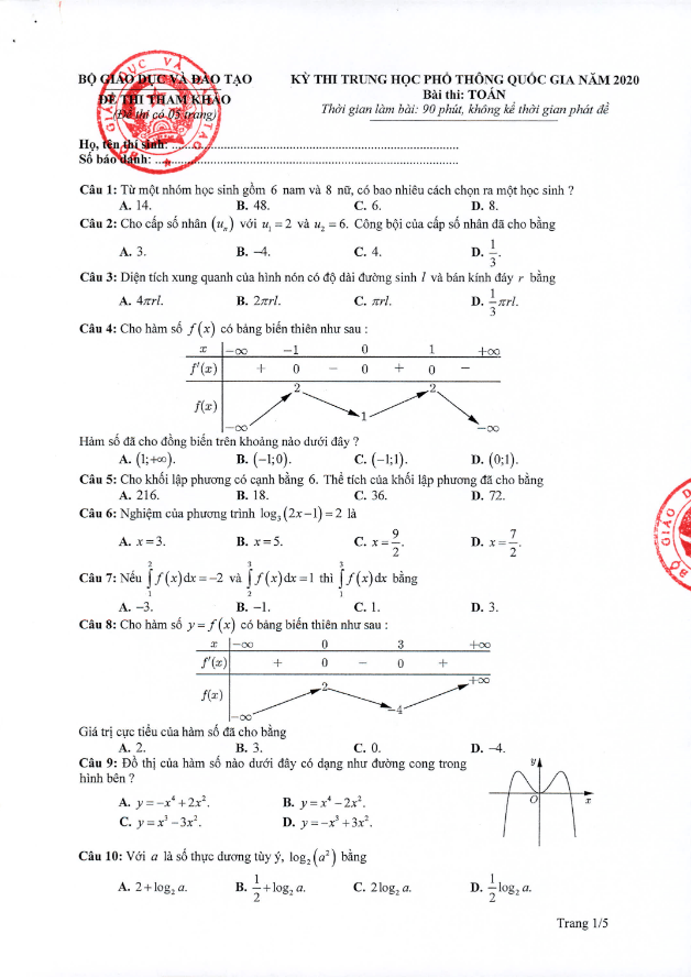 đề thi tham khảo kỳ thi thpt quốc gia năm 2020 môn toán