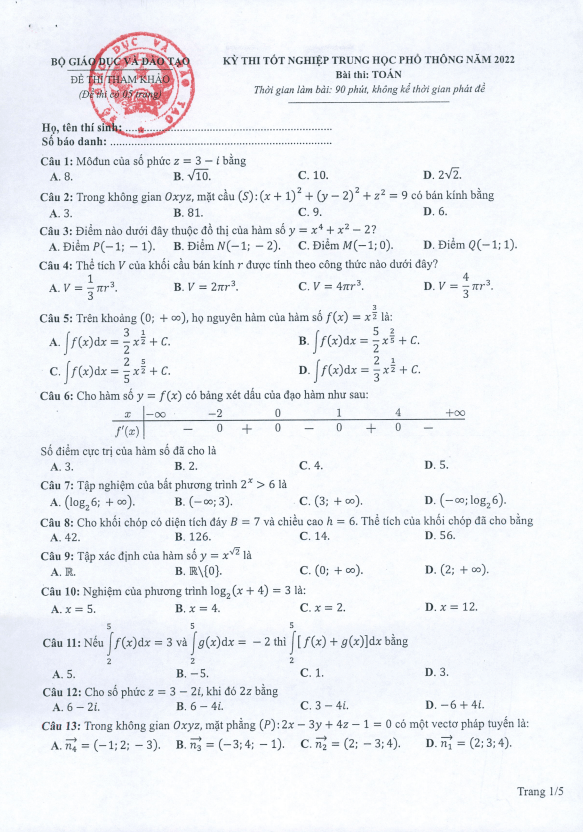 đề thi tham khảo kỳ thi tốt nghiệp thpt năm 2022 môn toán