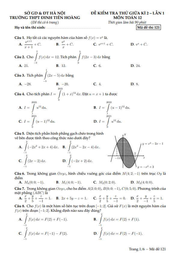 đề thi thử giữa kì 2 toán 12 năm 2023 – 2024 trường thpt đinh tiên hoàng – hà nội