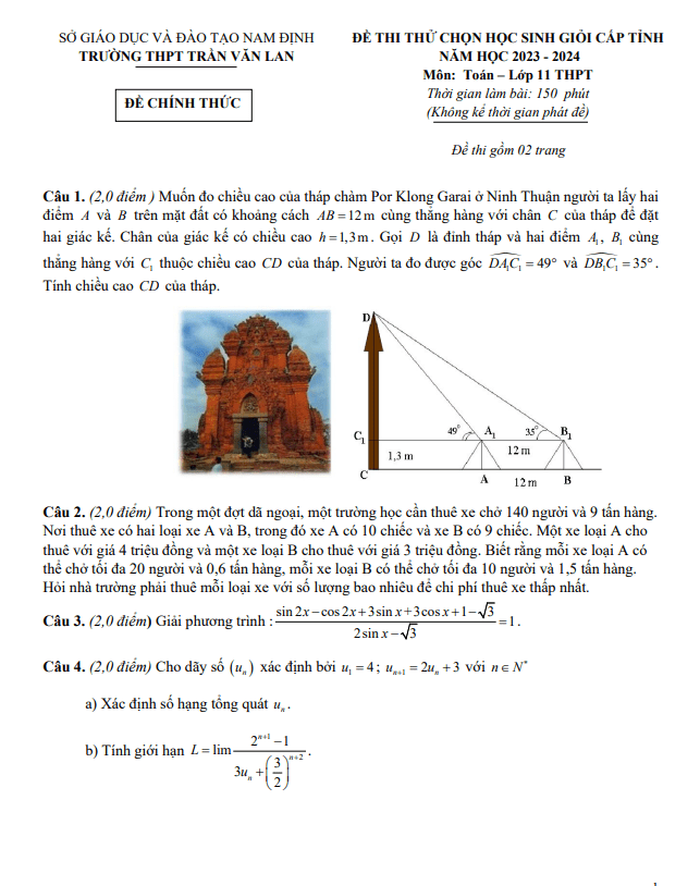 đề thi thử hsg tỉnh toán 11 năm 2023 – 2024 trường thpt trần văn lan – nam định