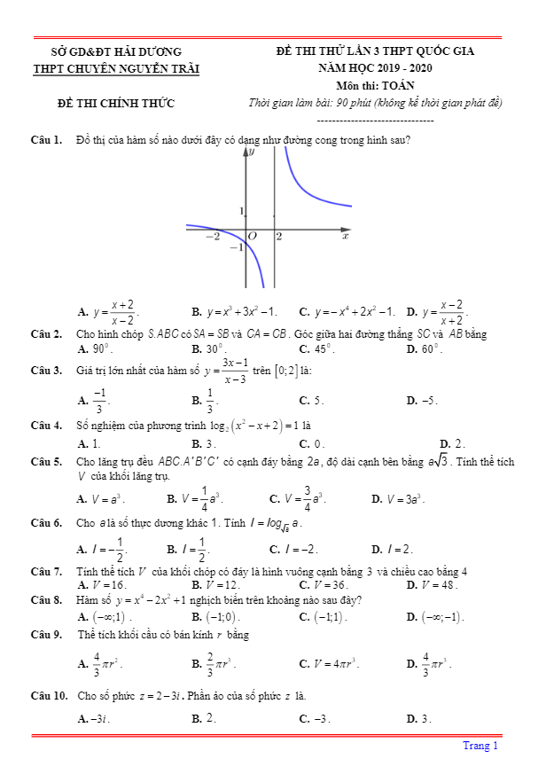 đề thi thử lần 3 thpt qg 2020 môn toán trường thpt chuyên nguyễn trãi – hải dương