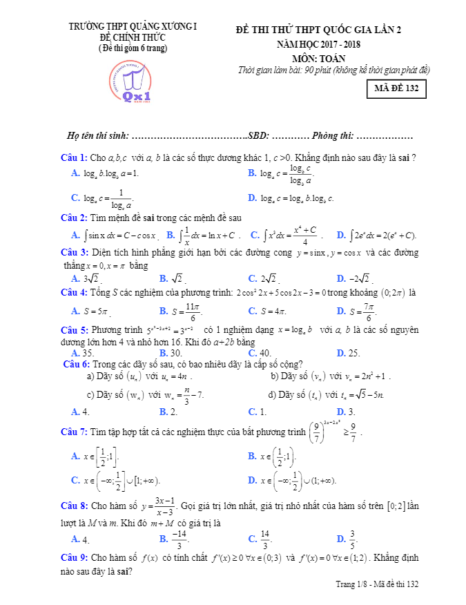 đề thi thử môn toán 2018 thpt quốc gia lần 2 trường quảng xương 1 – thanh hóa