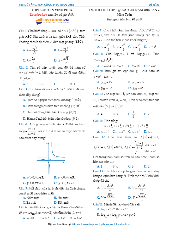 đề thi thử môn toán 2018 thpt quốc gia lần 2 trường thpt chuyên vĩnh phúc