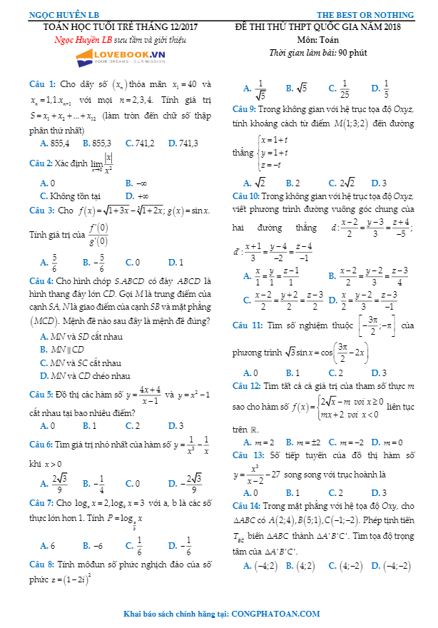 đề thi thử môn toán 2018 thpt quốc gia – tạp chí toán học tuổi trẻ lần 3