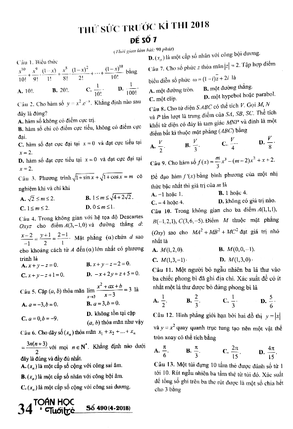đề thi thử môn toán 2018 thpt quốc gia – tạp chí toán học tuổi trẻ lần 7